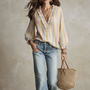 Women's Striped V-Neck Loose-Fit Blouse Top