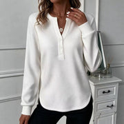 Women's V-Neck Long Sleeve Blouse with Double-Curved Hem
