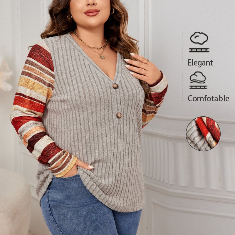 Women's Striped V-Neck Top with Geometric Pattern