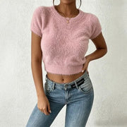 Soft Pastel Knit Short Sleeve Tops for Women