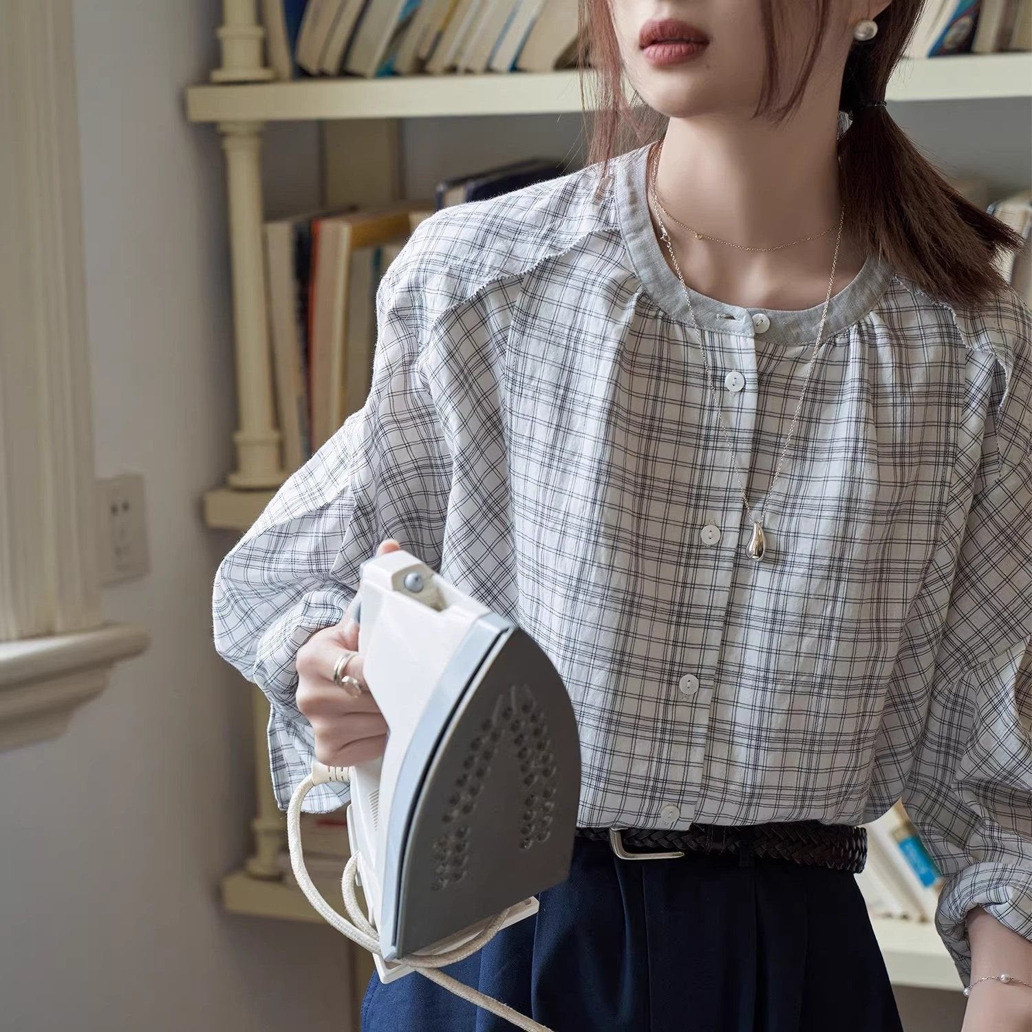 Plaid Lantern Sleeve Blouse for Women - Retro Chic Style