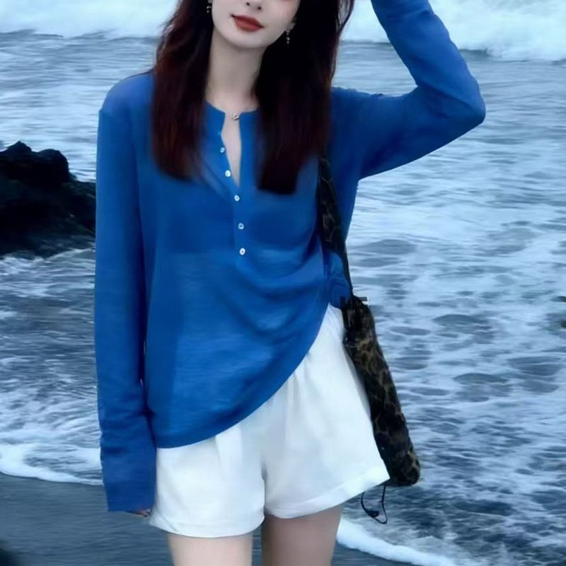 Casual Blue Pullover Knit Top for Women
