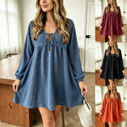 Bohemian Lantern Sleeve V-Neck Pleated Mini Dress