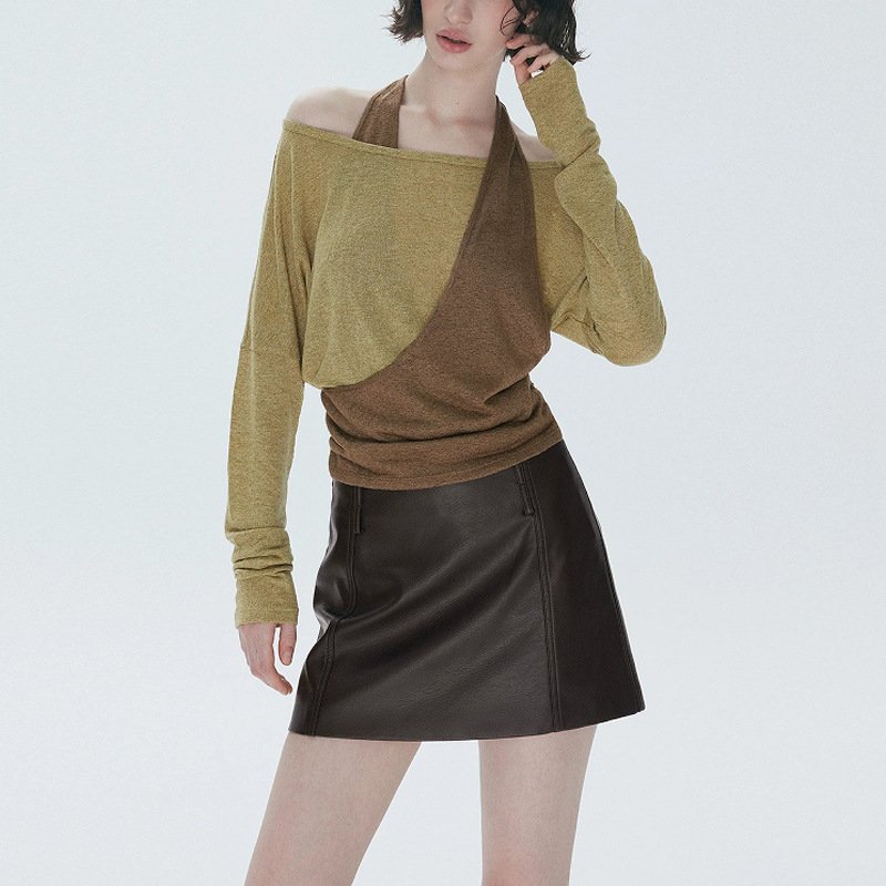 Contrast-Color Off-the-Shoulder Halterneck Top for Women