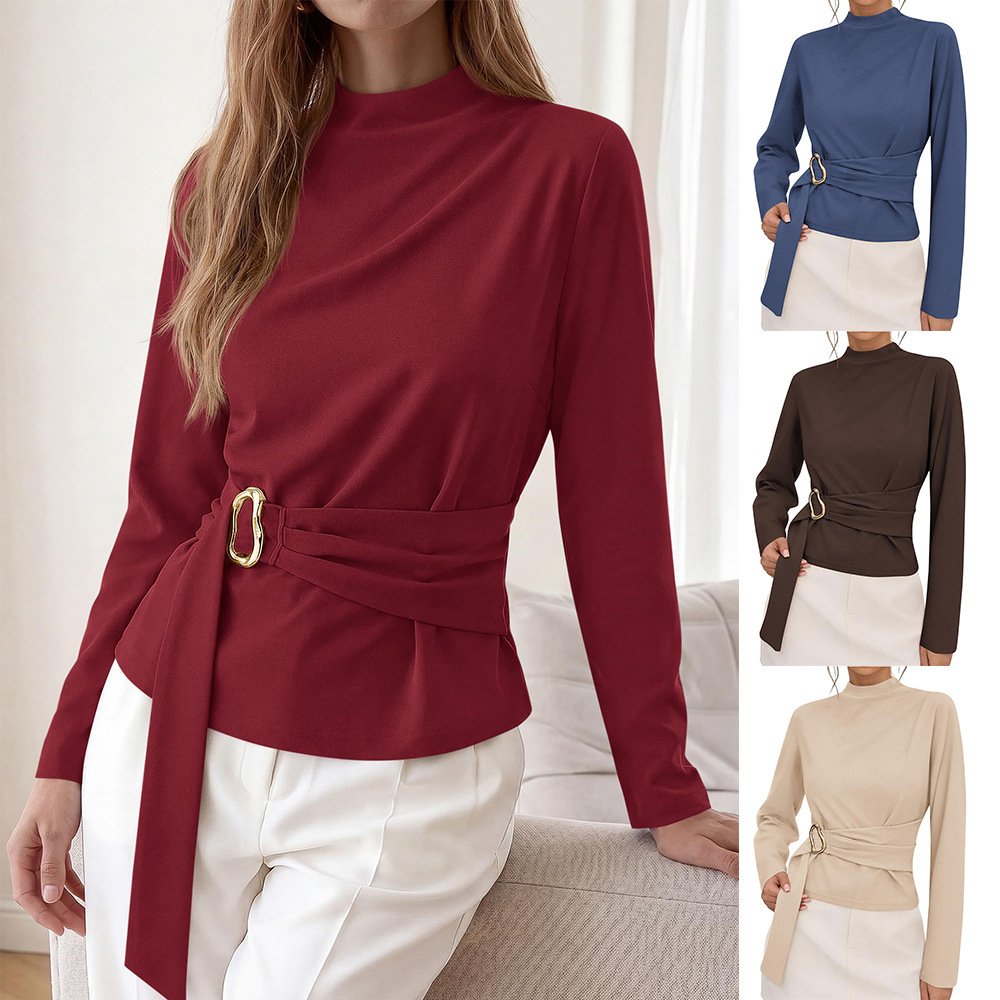 Elegant Solid Top with Waist Cinching Belt for Women