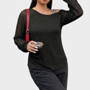 Sequined Mesh Party Top for Women - Black Long Sleeve Blouse for Evening Outfits