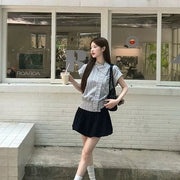 Gray Plaid Short-Sleeve Womens Blouse