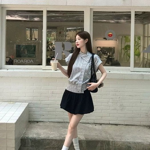 Gray Plaid Short-Sleeve Womens Blouse