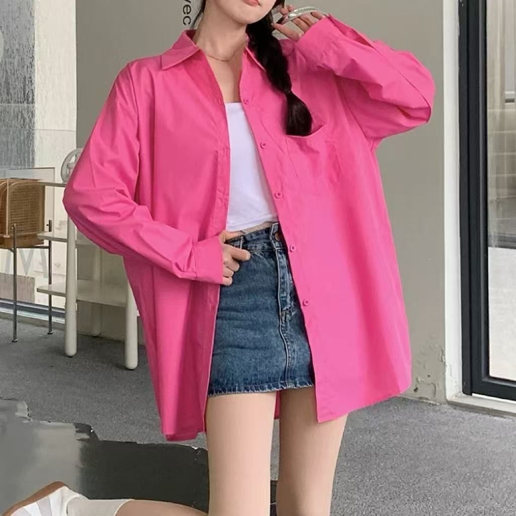 Rose Red Long Sleeve Shirt Women's Casual Loose Top