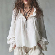 Lace-Panel Blouse with V-Neck & Half-Zip Closure