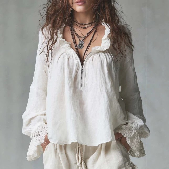 Lace-Panel Blouse with V-Neck & Half-Zip Closure