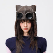 Cute Cat-Ear Retro Leather Lei Feng Cap for Women