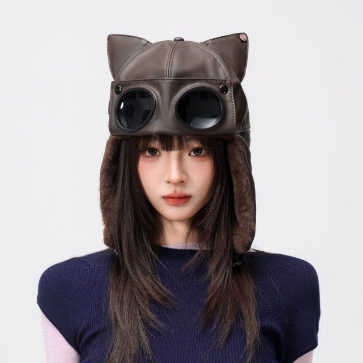 Cute Cat-Ear Retro Leather Lei Feng Cap for Women