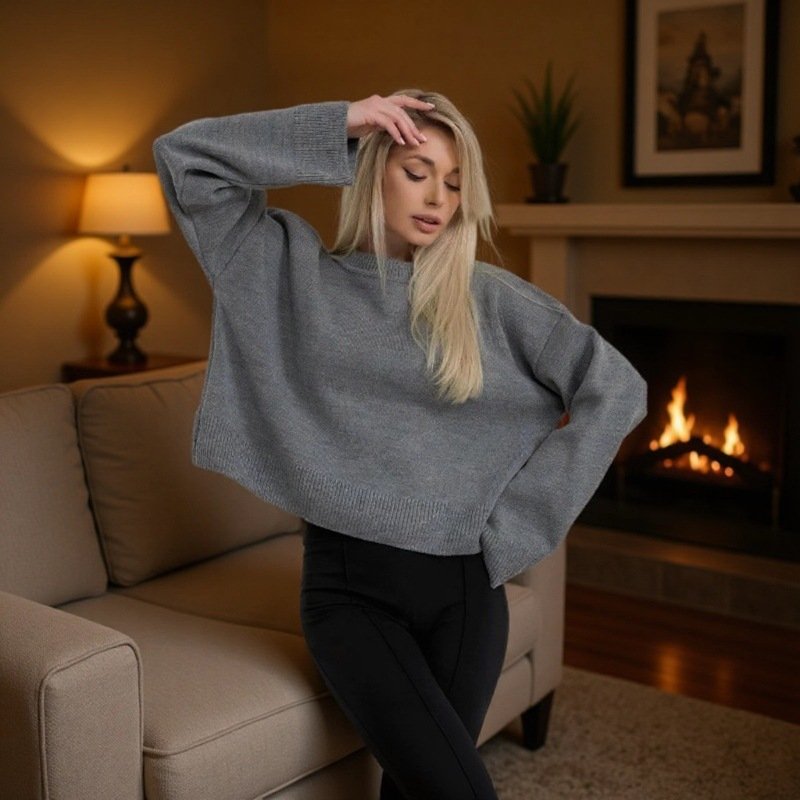 Relaxed Fit Long Sleeve Knit Sweater For Women