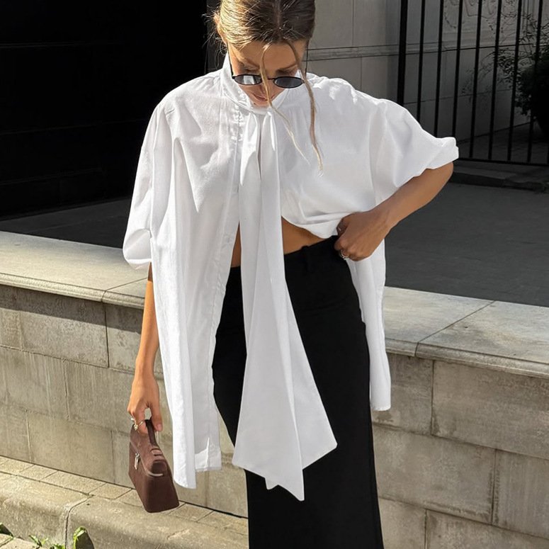 Relaxed Fit White Blouse with Satin Tie Neckline