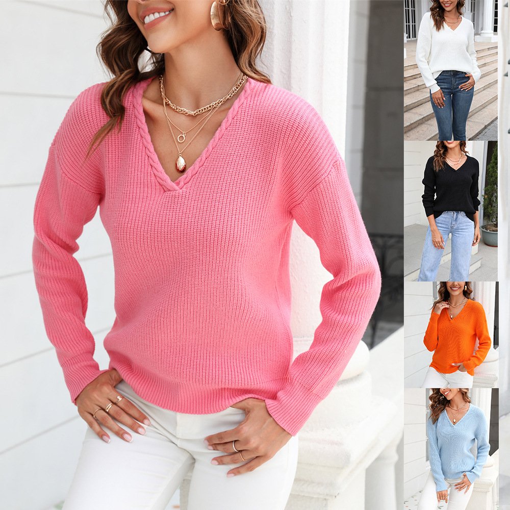 V-Neck Cable-Knit Women's Sweater - Slim Fit, Long Sleeve