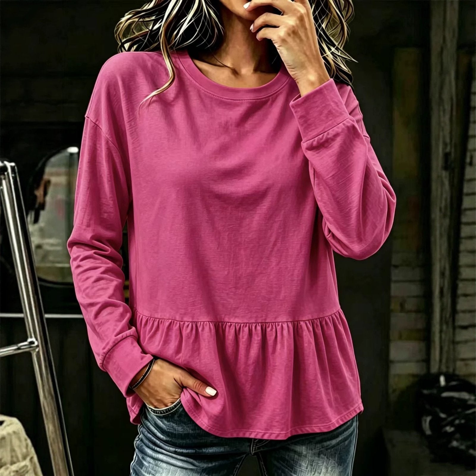 Relaxed Fit Long Sleeve Crew Neck Top for Women