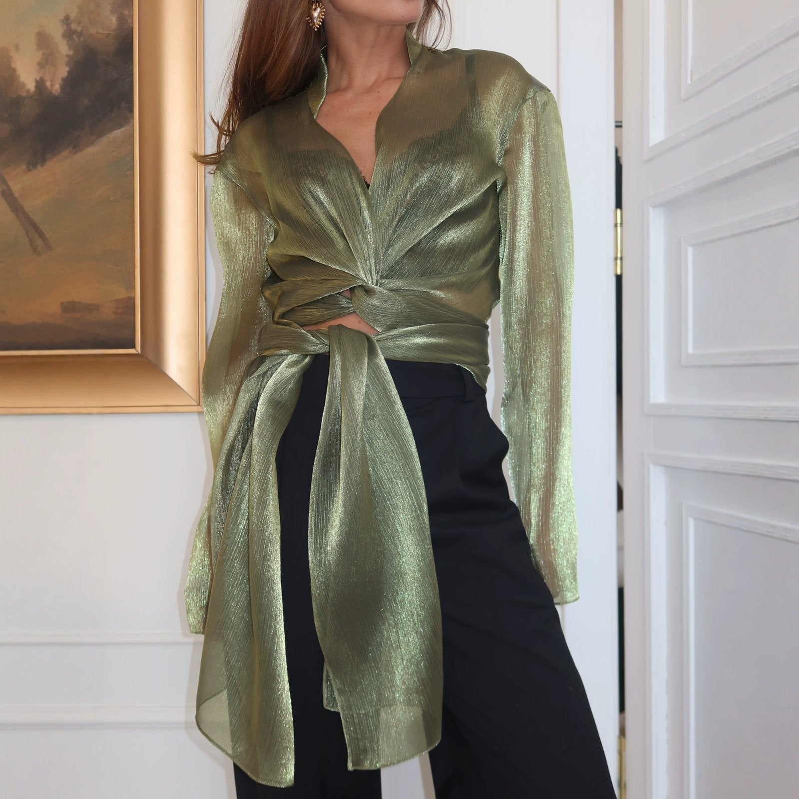 Retro Green V-Neck Tie-Neck Top for Women