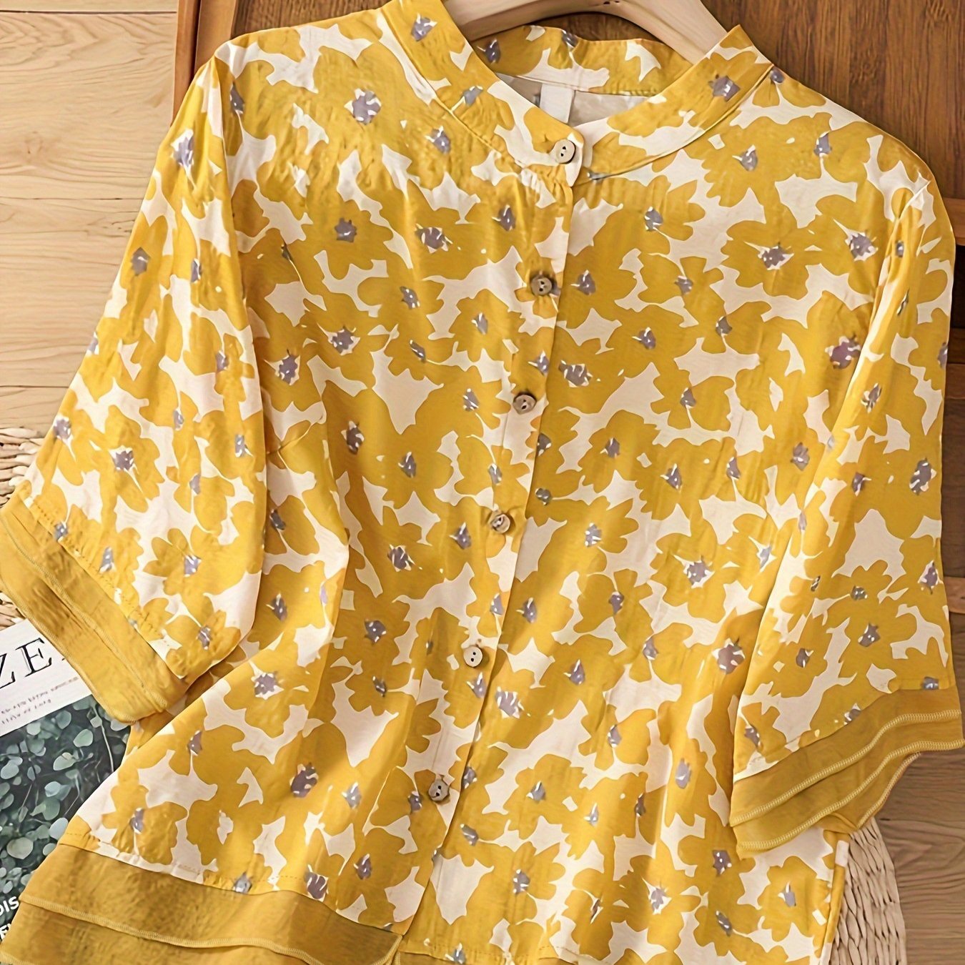 Floral Print Women's Blouse, Soft Cotton, Three-quarter Sleeve, Relaxed Fit