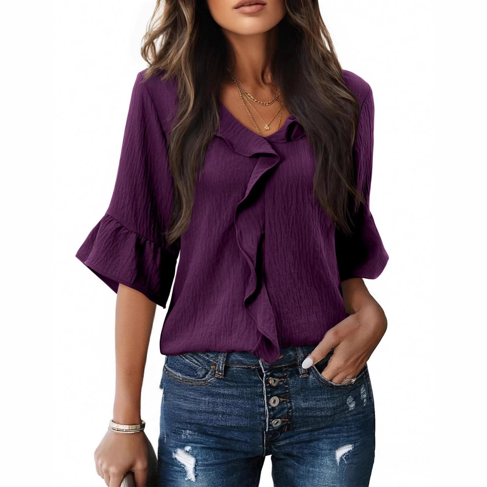 V-Neck Loose Fit Blouse with Ruffle Trim