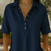 Navy Blue Denim Short Sleeve Polo Shirt for Women