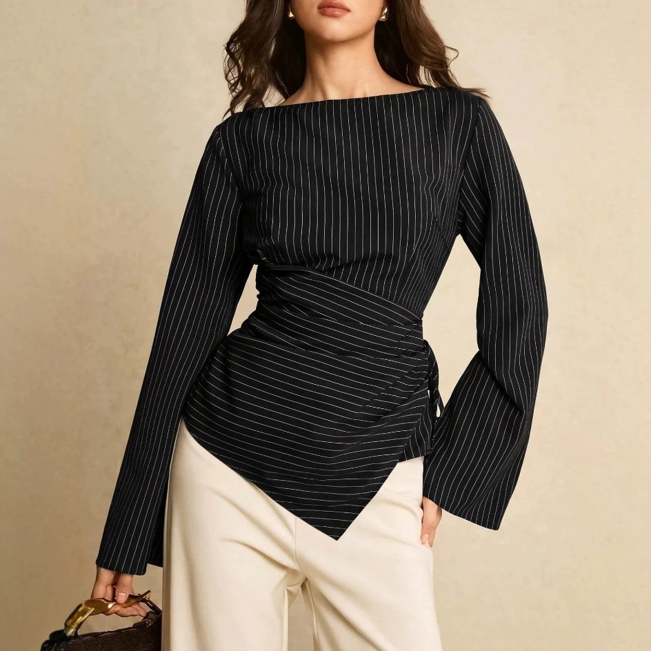Striking Round-Neck Striped Blouse for Women