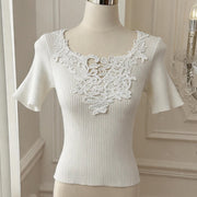Elegant White Lace V-Neck Knit Top for Women