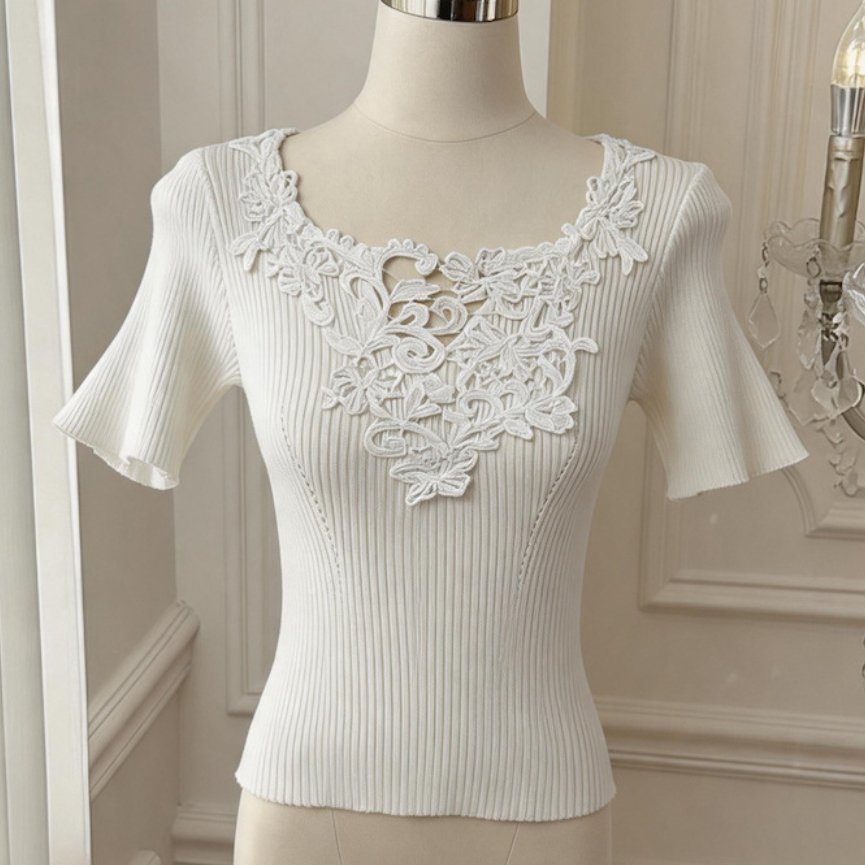 Elegant White Lace V-Neck Knit Top for Women