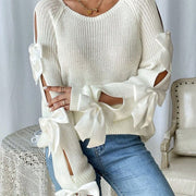 Long-Sleeved Women's Knit Pullover Sweater with Bow Detail