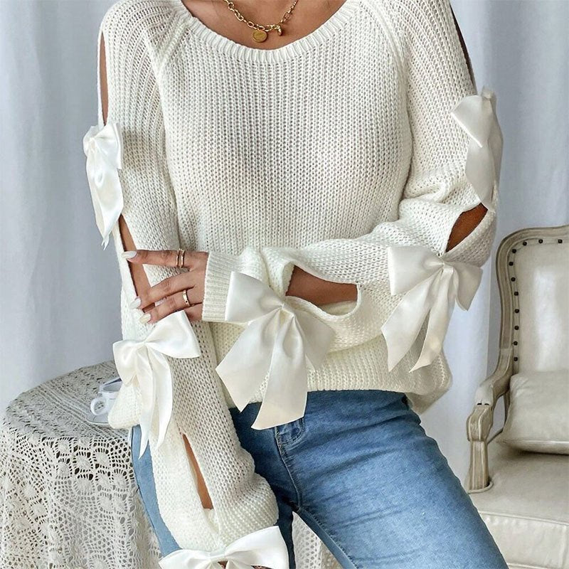 Long-Sleeved Women's Knit Pullover Sweater with Bow Detail