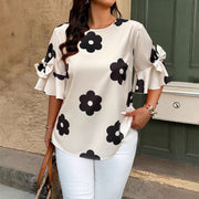 Women's Round-neck Blouse Top with Flared Sleeves