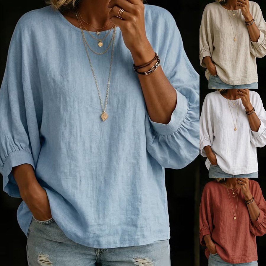 Loose-Fitting Women's Casual Shirts 3/4 Sleeves Round Neck Tops