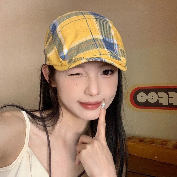 Women's Yellow Plaid Beret for Summer Style
