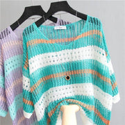 Striped V-Neck Hollow-Out Knit Top for Women