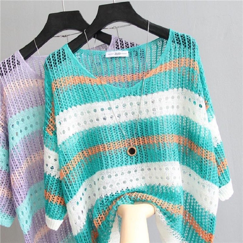 Striped V-Neck Hollow-Out Knit Top for Women