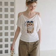 Feminine Cat Print Short Sleeve T-Shirt for Women
