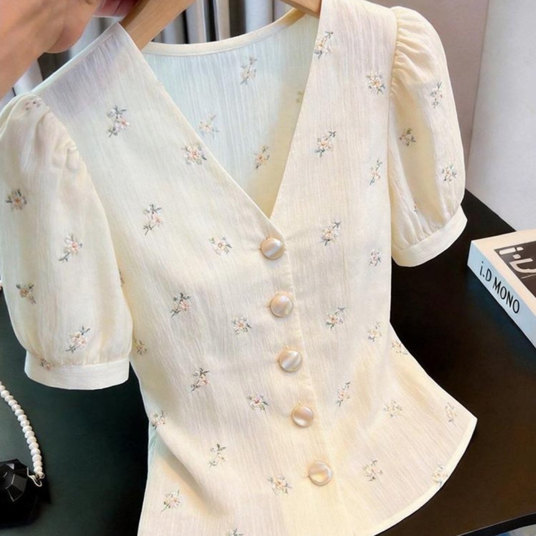 Floral V-Neck Blouse with Puff Sleeves