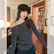 Waist-Cinching Color-Block Striped Long-Sleeve T-Shirt for Women