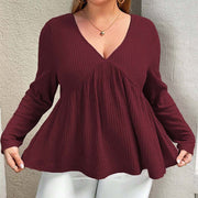 Relaxed Fit Wine Red V-Neck Top for Plus Size Women