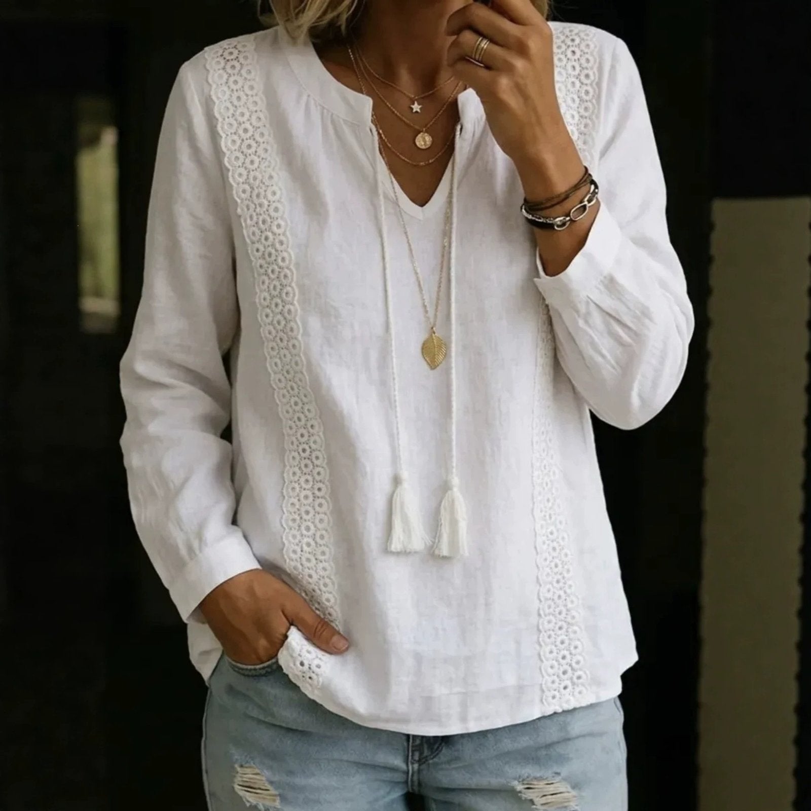 Lace Panel Top for Women - Tie-up Detail & Long Sleeves
