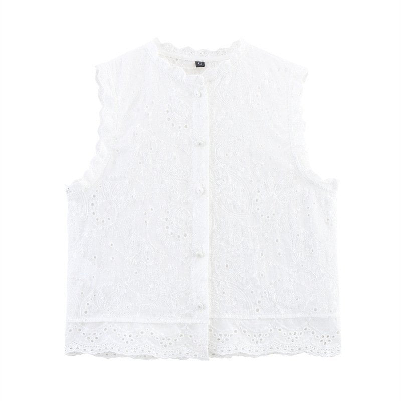 Casual White Embroidered Crewneck Top for Women
