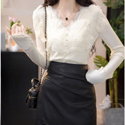 Elegant Lace Panel V-Neck Knit Sweater for Women