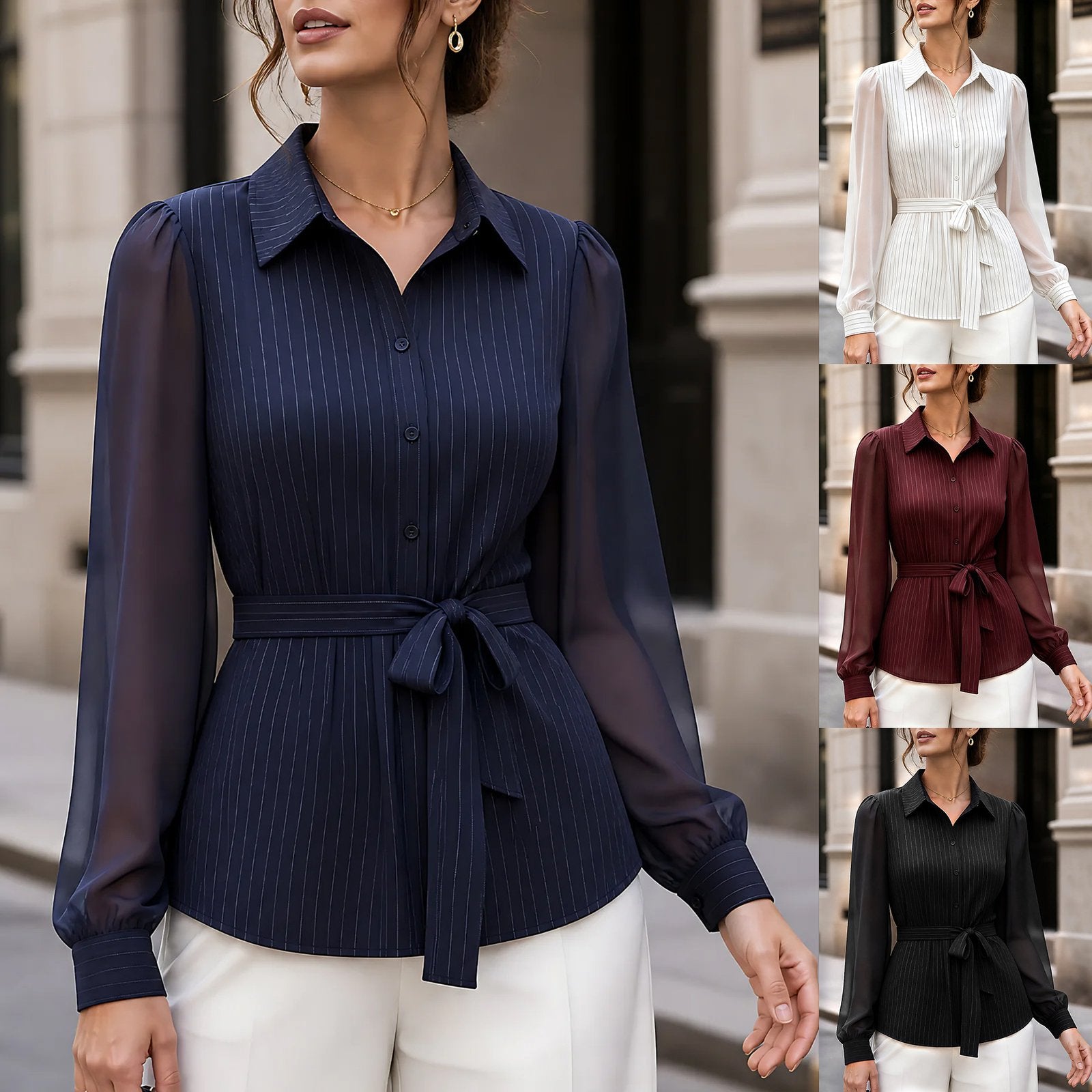 Elegant Striped Long-Sleeve Shirt for Women