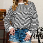 Contrasting-Color Striped Long-Sleeve Top for Women - Fashionable Streetwear