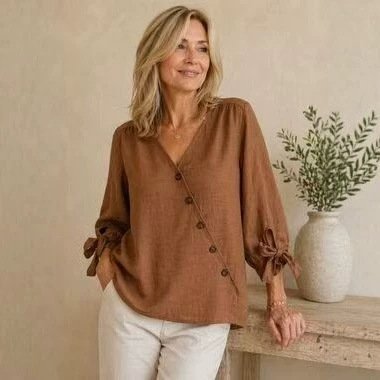 Casual V-Neck Shirt with Puff Sleeves