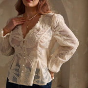 Beige Eco-Friendly Lace Fitted Long Sleeve Top