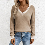 Contrast Color V-Neck Sweater for Women