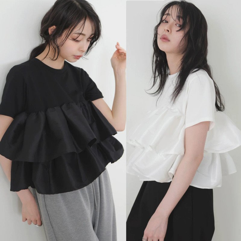 Black and White Ruffle Top for Women - Soft Cotton Blouse