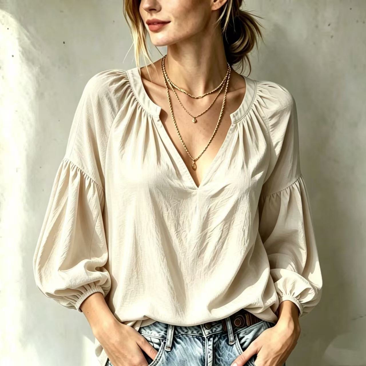 Casual V-neck Pleated Long-sleeve Tops for Women
