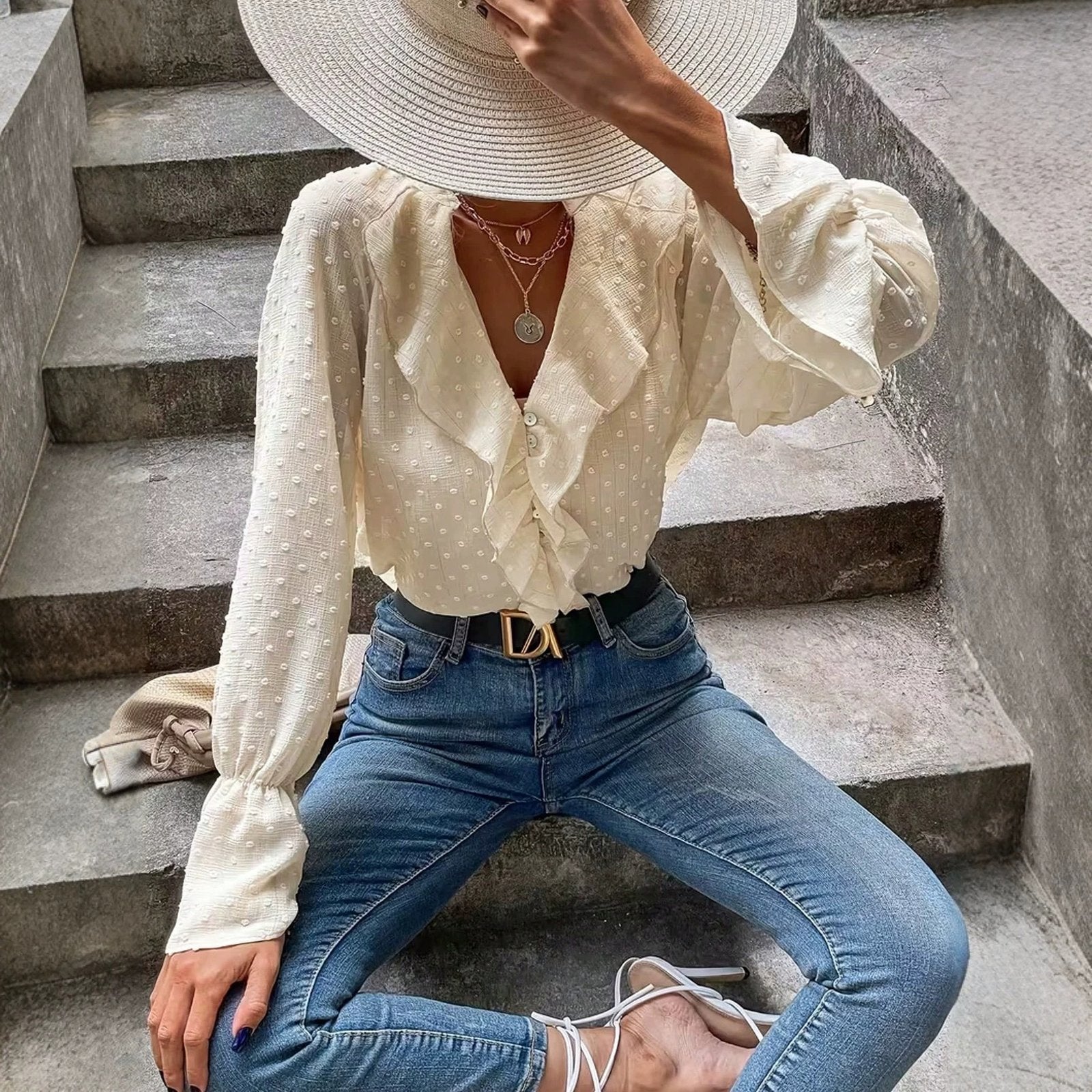 Vintage Apricot Ruffle V-Neck Long-Sleeve Shirt for Women